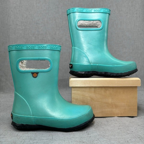 Bogs Skipper Teal Metallic Plush Rain Boots Rubber Lined Winter Boot Kids 9 - Picture 1 of 10